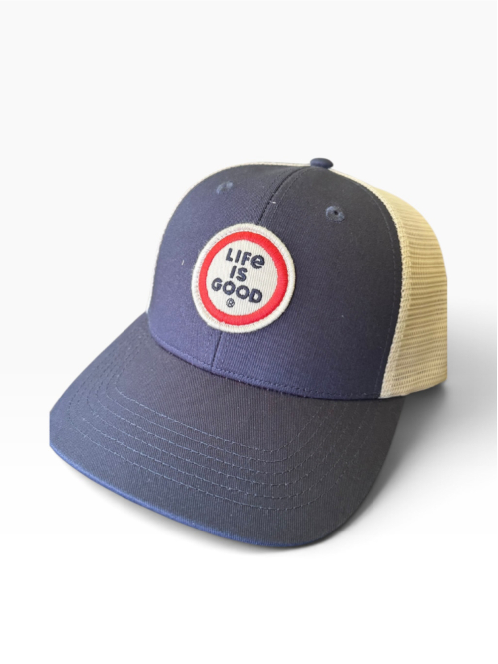 Men's Life is Good Trucker Hat One Size Blue and Beige